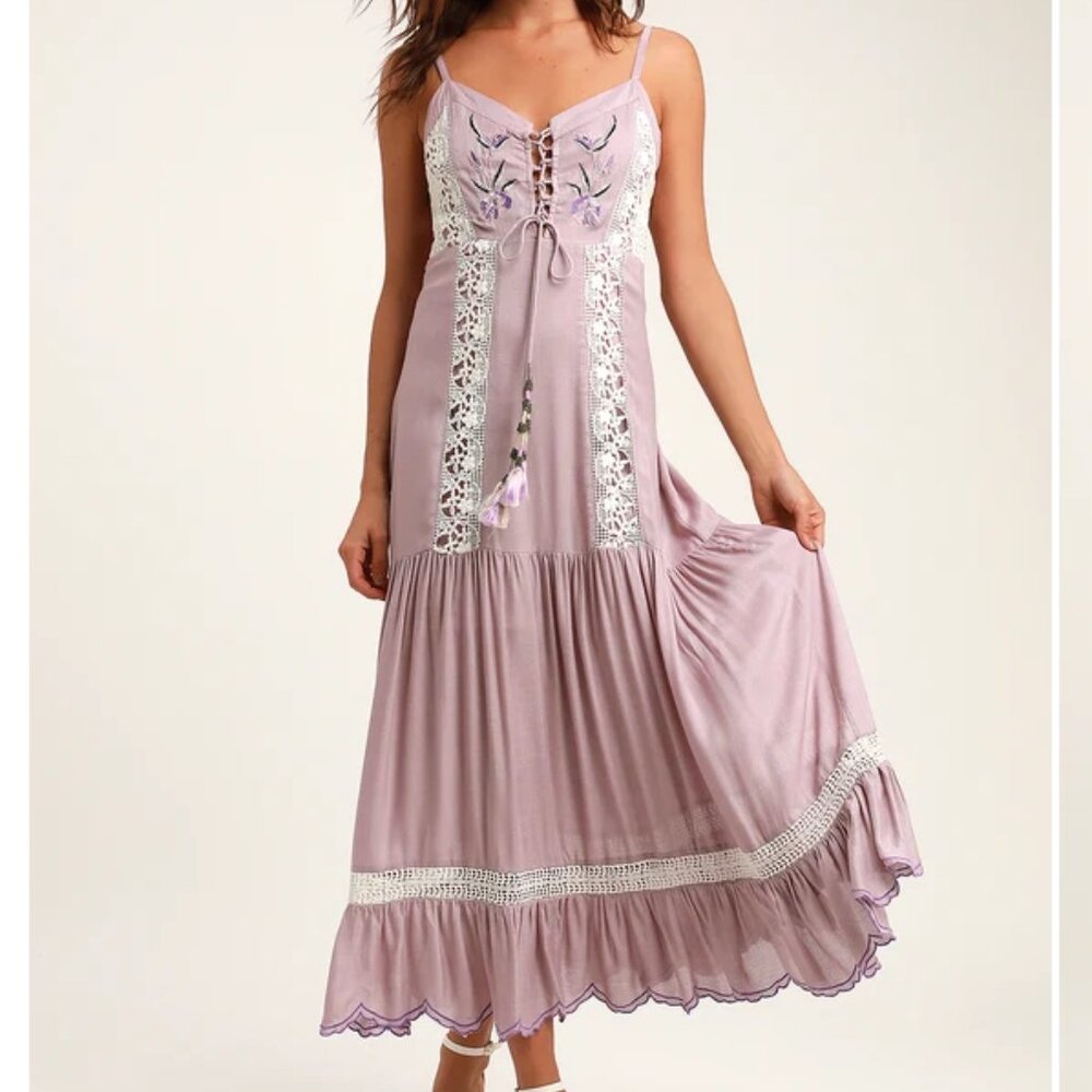 💜 Lavender Boho Cottagecore Dress Embroidered Beaded Romantic Tassels Lace Up
